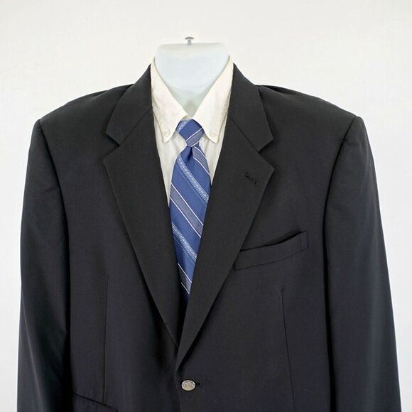 DAMAGED Hart Schaffner Marx Black Wool 44R Blazer 2 Silver Button Tagged‎ 44S - Picture 1 of 15